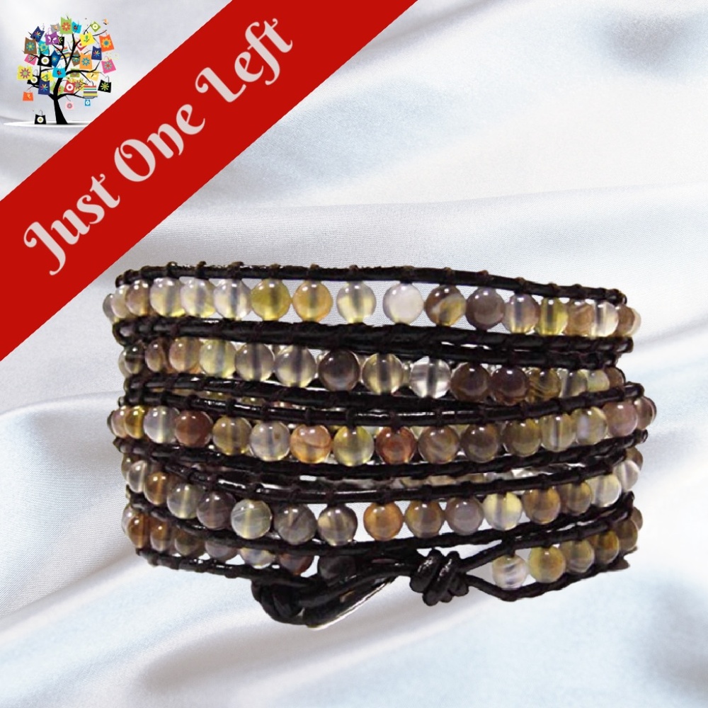 Brown Leather Wrap Bracelet Multi Tone Beige Tan Light Beads